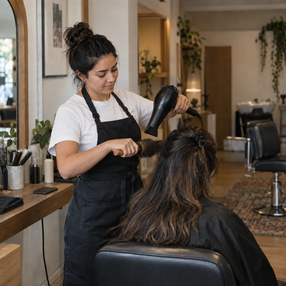 Stylist blow-drying a client's hair in a salon.
